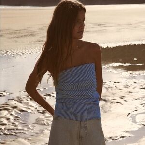 BNWT Zara Blue Strapless Pleated Top medium